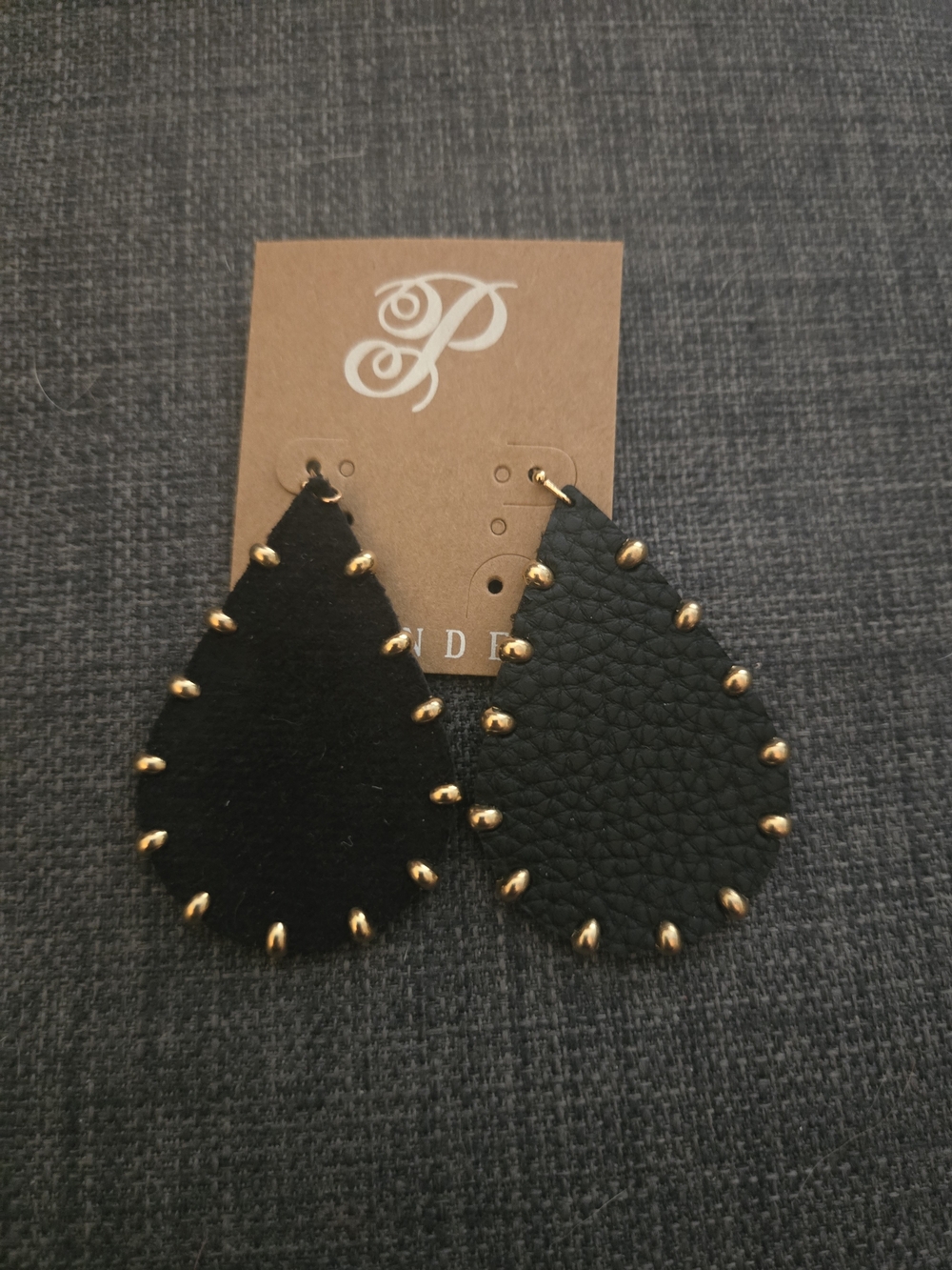 Plunder Black Teardrop Leather Earrings with Gold Studs